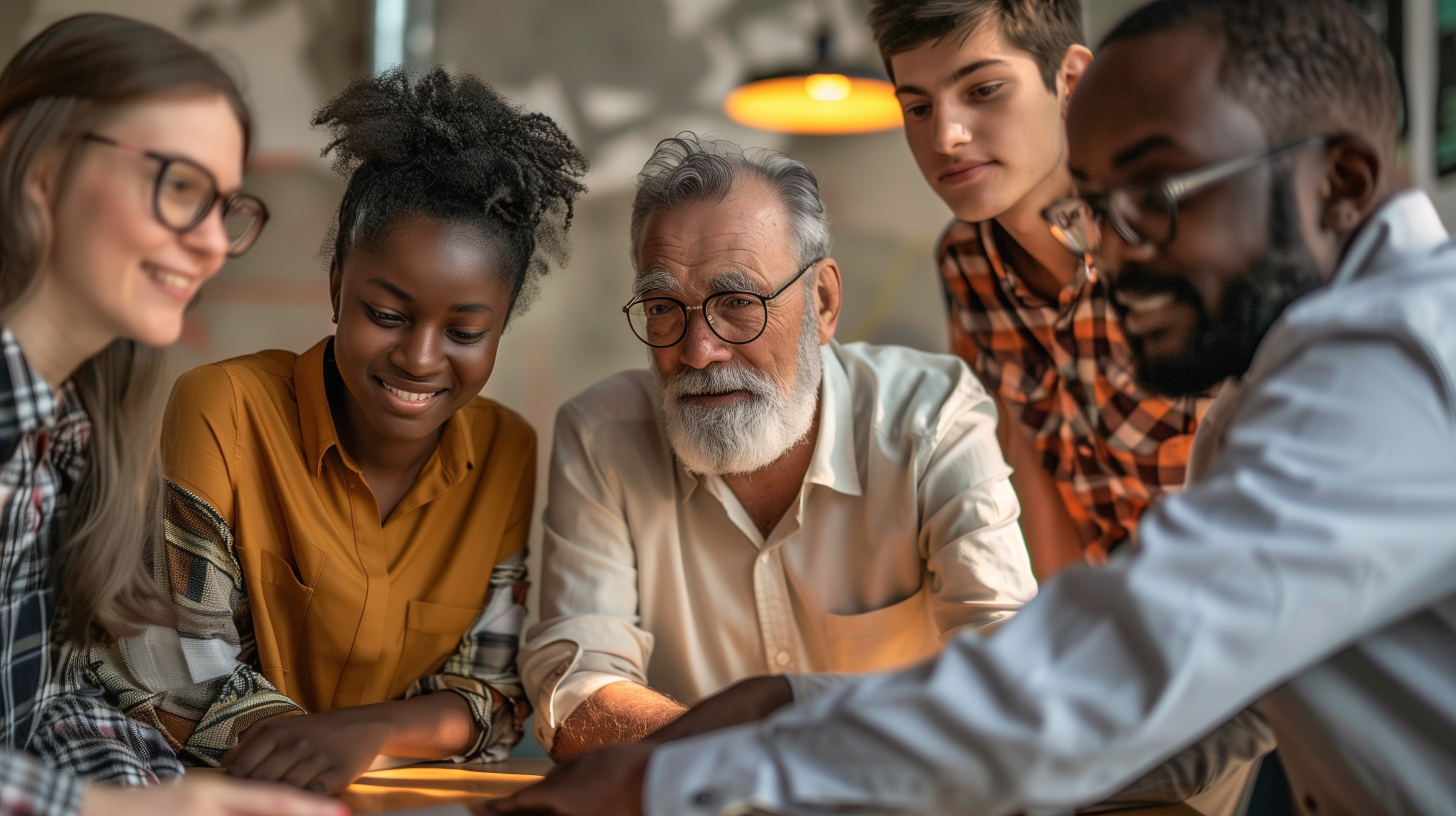 Group of intergenerational individuals gathered around a table