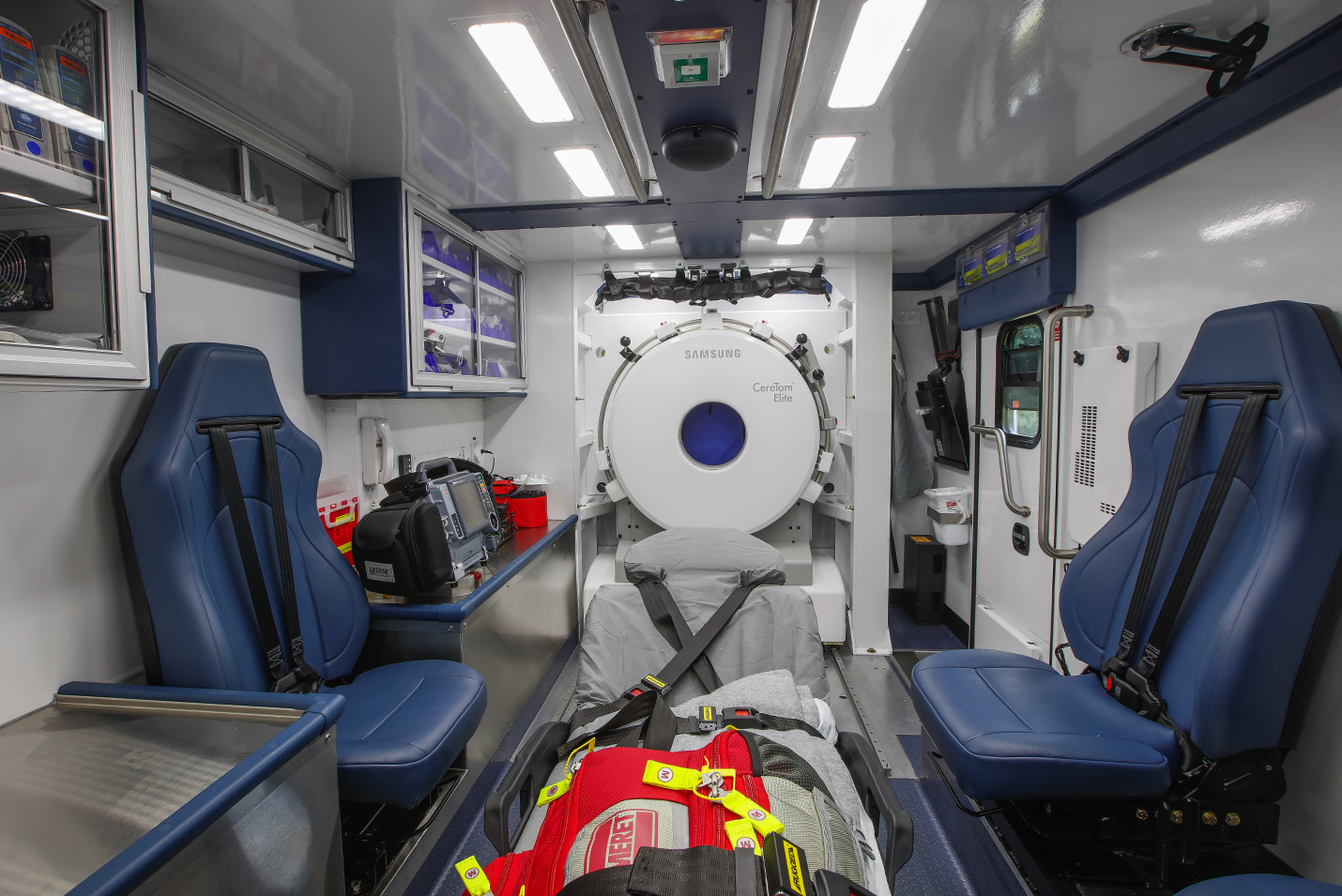 Interior of Mobile Stroke Unit showing the onboard CT scanner