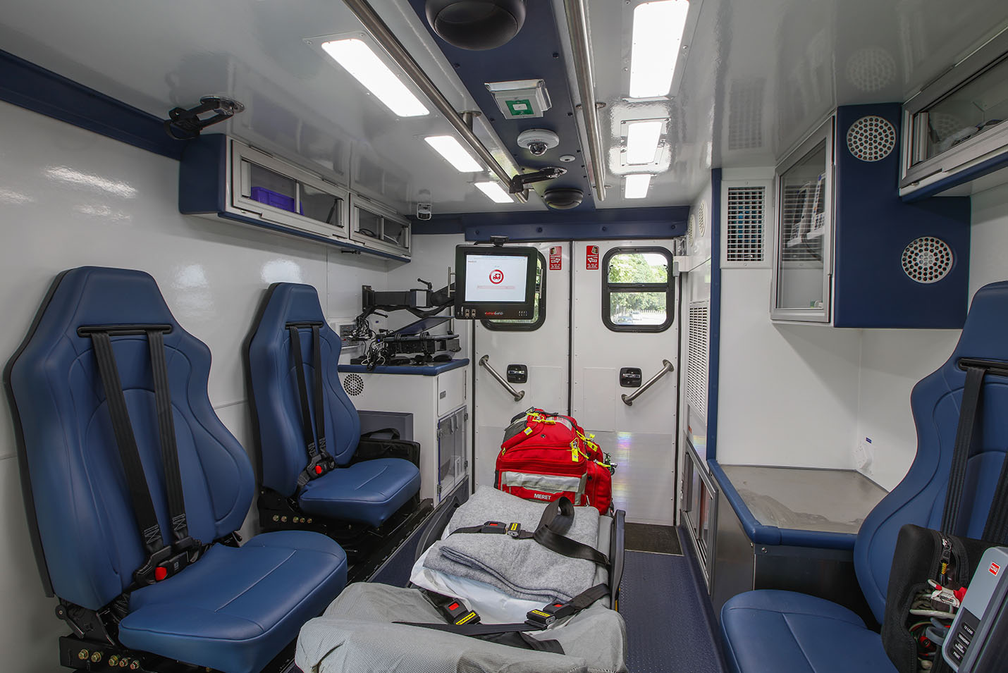 Interior of Mobile Stroke Unit showing the screen used for a telemedicine neurologist to join to assist in treatment.