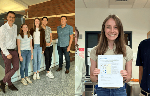 Madeline Jensen with lab and holding first author paper